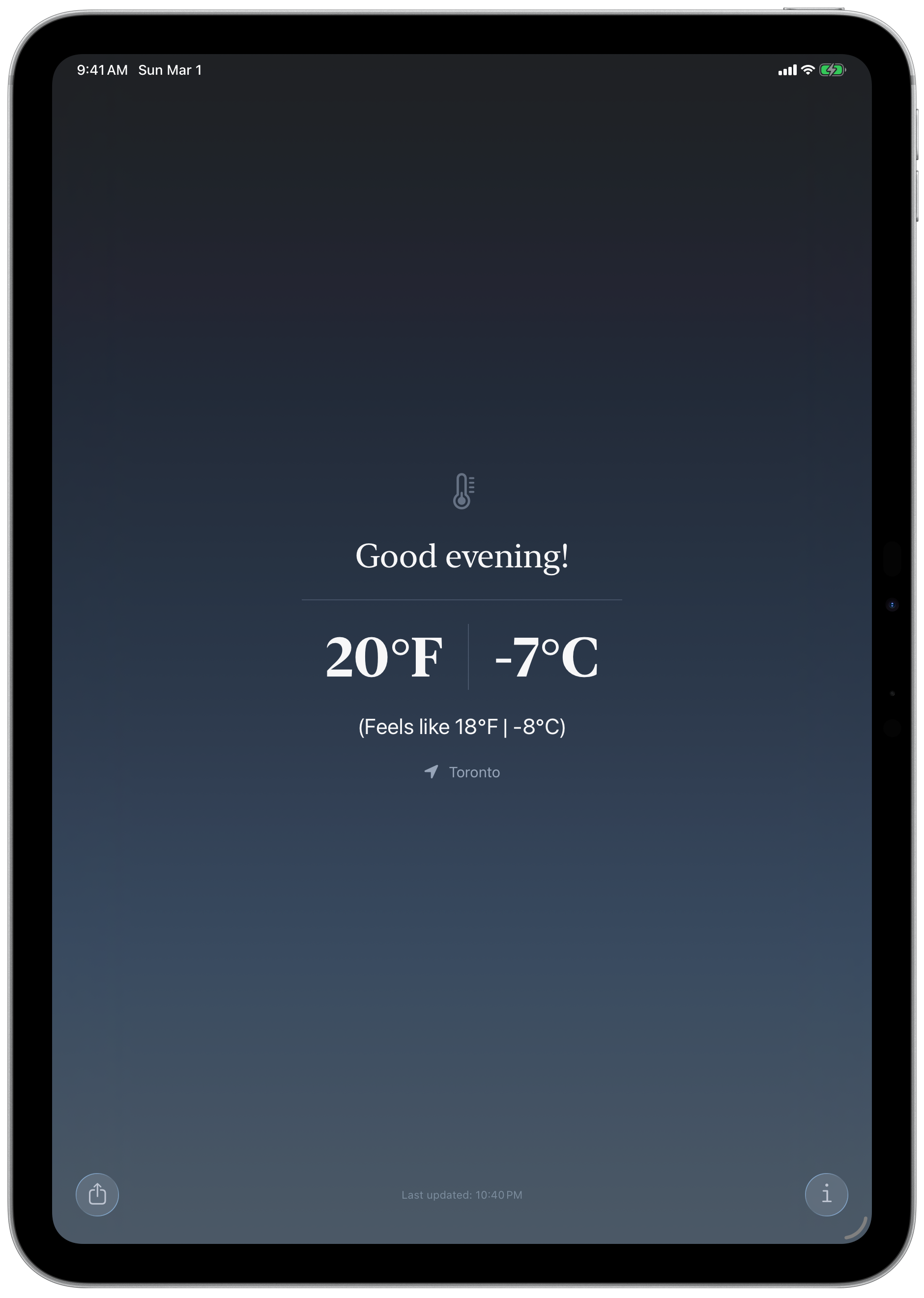 40 Below iPad screenshot in a cold night dark theme